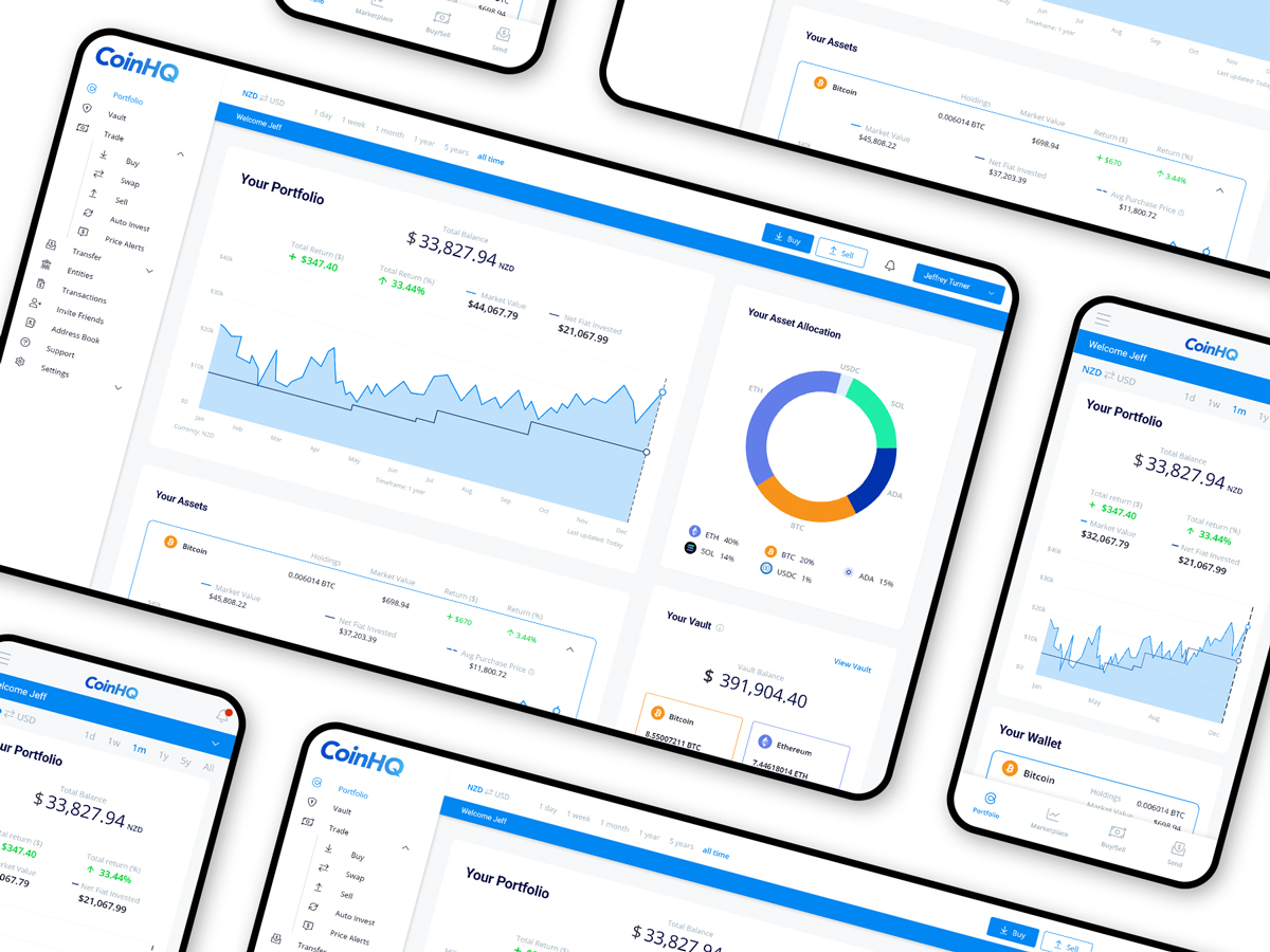 CoinHQ designs on mobile and desktop