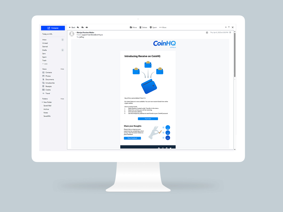 desktop view of a new feature email